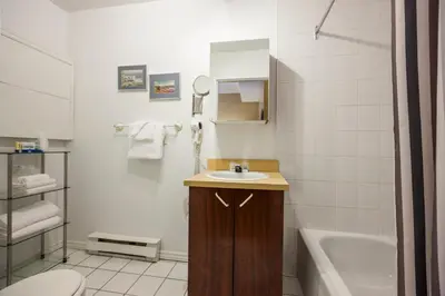 a bathroom with a sink and a toilet and a tub at Hotel Abri du Voyageur in Montréal