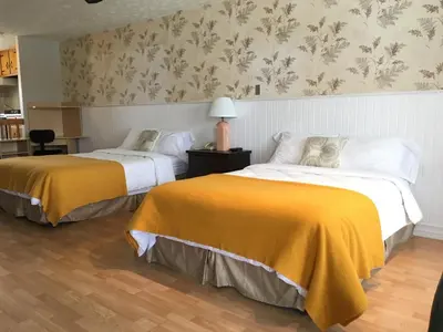 two beds in a hotel room with yellow sheets at Motel le Sabre in Sherbrooke