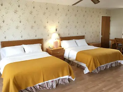 two beds in a hotel room with yellow sheets at Motel le Sabre in Sherbrooke