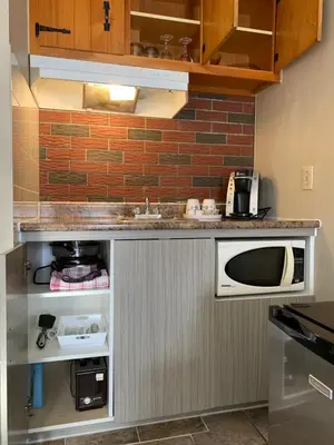 a kitchen with a counter and a microwave at Motel le Sabre in Sherbrooke