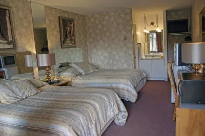 a hotel room with two beds and a television at Motel Bellevue in Saint-Joseph-de-Beauce
