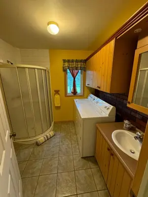 a bathroom with a sink and a shower and a washer at Havre De Paix in Piopolis