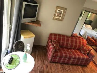 a living room with a couch and a table and a tv at Motel la Siesta de Gascon in Terrebonne