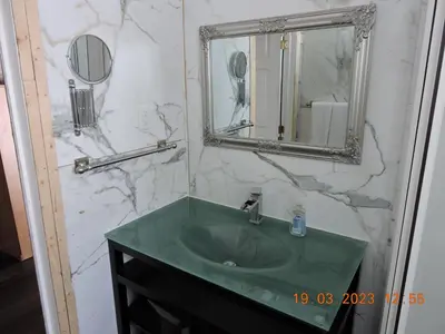 a bathroom with a green sink and a mirror at Gite Passion et Tendresse B&B in Shefford