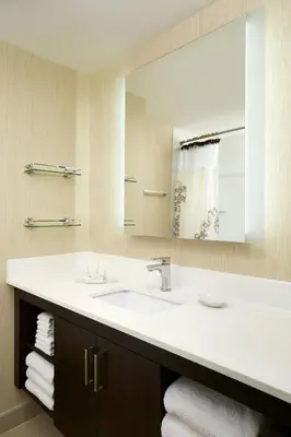 a bathroom with a sink and a large mirror at Residence Inn by Marriott Montréal Downtown in Montréal