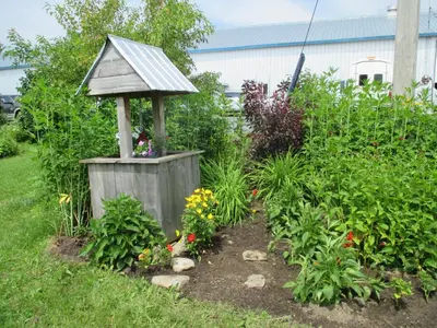 a garden with a bird house in the yard at Gite Agricole Les Lilas in Saint Wenceslas