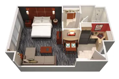 a floor plan of a bedroom with a bed at Residence Inn by Marriott Montreal Airport in Dorval