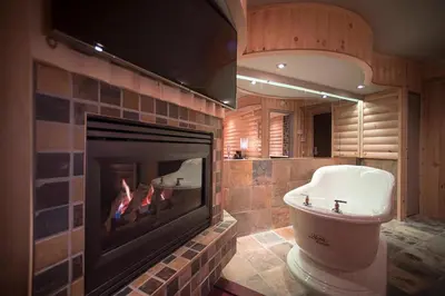 a bathroom with a fireplace and a toilet and a tv at Hôtel Le Rivage in Rosemère