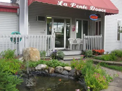 a house with a pond in the front of it at Motel de la Pente Douce in Magog-Orford
