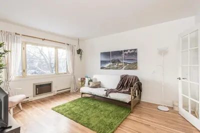 a living room with a couch and a green rug at Gite du Survenant Montreal in Montréal