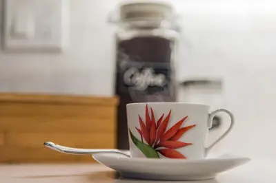 a coffee cup with a red flower painted on it at Gite du Survenant Montreal in Montréal
