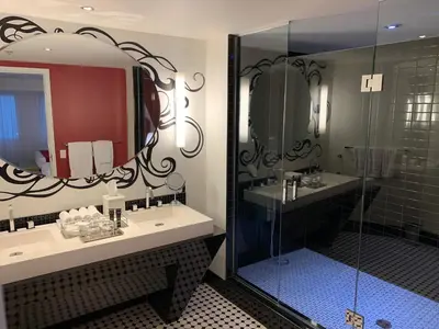 a bathroom with a mirror and a sink and a shower at Hotel Chez Swann in Montréal