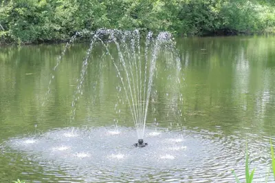 a fountain in the middle of a body of water at Motel des Deux Lacs in Waterloo