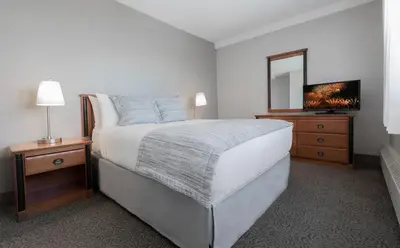 a bedroom with a large bed and a television at L'Appartement Hôtel in Montréal