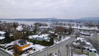 an aerial view of a city in the snow at À Tout Venant B&B in Magog-Orford