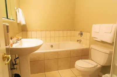 a bathroom with a sink and a toilet and a tub at Chalet Beaconsfield Motel in Beaconsfield