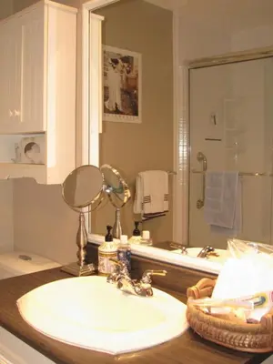 a bathroom with a sink and a mirror at Arkadia Condo Magog in Magog-Orford