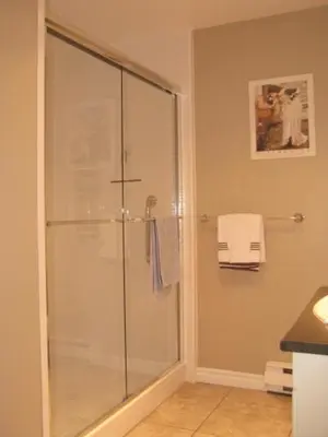 a bathroom with a shower with a glass shower stall at Arkadia Condo Magog in Magog-Orford