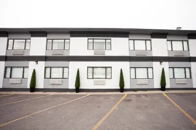 a white building with windows and trees in a parking lot at Hotel Newstar Montréal in Montréal