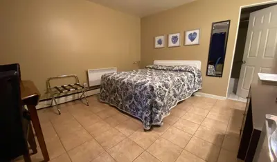 a bedroom with a bed with a comforter on it at Motel Exquise in Coaticook