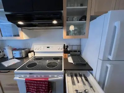 a kitchen with a stove and a white refrigerator at Le 2316 in Saint-Hyacinthe