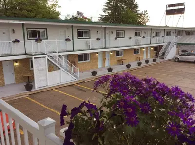 a building with a parking lot with purple flowers at Miami Motel inc in Trois-Rivières