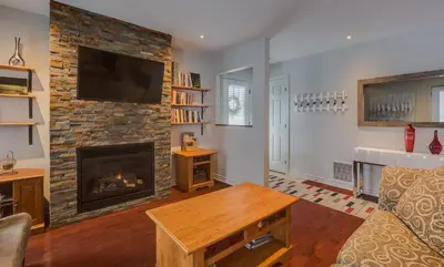 a living room with a fireplace and a tv at Condo Entre Ville/Nature in Magog-Orford