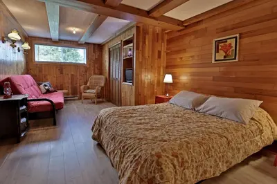 a bedroom with a bed and a chair in a room at Ranch St-Hubert in Saint-Herménégilde