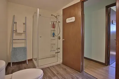 a bathroom with a shower and a toilet at Ranch St-Hubert in Saint-Herménégilde