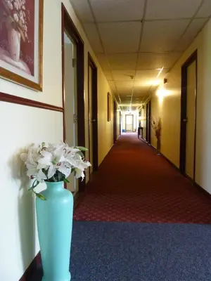 a hallway with a vase with flowers in it at Motel Becancour in Bécancour