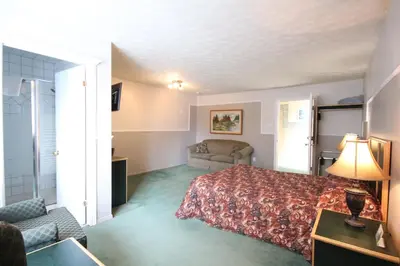 a hotel room with a bed and a couch at Motel Marie-Dan in Sainte-Eulalie