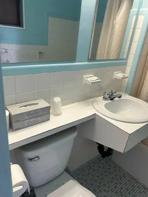 a bathroom with a sink and a toilet and a mirror at Motel R-100 in Longueuil