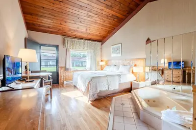 a bedroom with a bed and a tub and a television at Hotel Motel Bonsoir in Granby