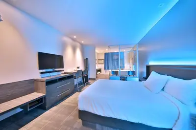 a bedroom with a bed and a desk and a television at Hôtel Ô Laval in Laval