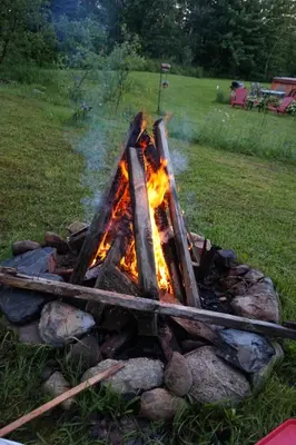 a fire pit with logs and rocks in a field at Gite L'Antre d'Eux in Sherbrooke