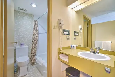 a bathroom with a sink and a toilet and a mirror at Hotel Motel Penn-Mass in Trois-Rivières