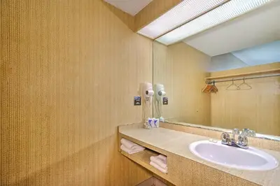 a bathroom with a sink and a mirror at Hotel Motel Penn-Mass in Trois-Rivières
