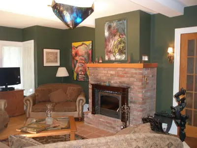 a living room with a couch and a fireplace at Ô Bois Dormant B&B in Magog-Orford