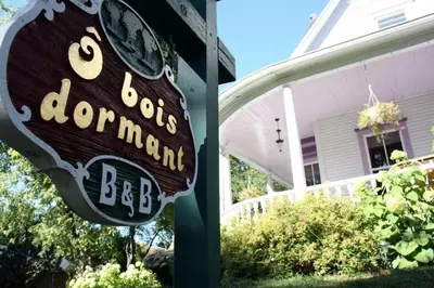 a sign for a bobois dinosaur bar in front of a house at Ô Bois Dormant B&B in Magog-Orford