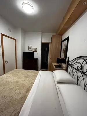 a bedroom with a large bed and a television at Gite Le Sieur de Joliette in Montréal