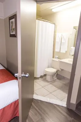 a bathroom with a bed and a toilet and a sink at Hotel-Resto-Bar Le Journel in Saint-Joseph-de-Beauce