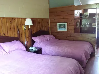 two beds in a room with wooden walls at Motel Le Charentais in Sorel