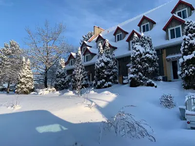 a house covered in snow with trees in the yard at Hotel Cowansville in Cowansville