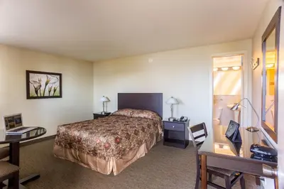 a hotel room with a bed and a desk at Motel Du Fleuve in Brossard