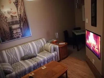 a living room with a couch and a tv at Vieux-Old Farnham Appart-Condotel in Farnham
