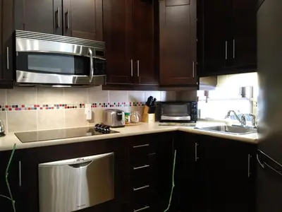 a kitchen with wooden cabinets and stainless steel appliances at Vieux-Old Farnham Appart-Condotel in Farnham