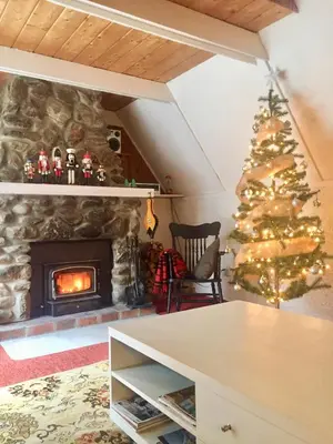 a christmas tree in a living room with a fireplace at Le Rustique Orford Domaine Cheribourg in Magog-Orford