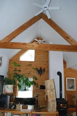 a living room with a ceiling fan and butterflies on the wall at B&B Pinorama in Sutton