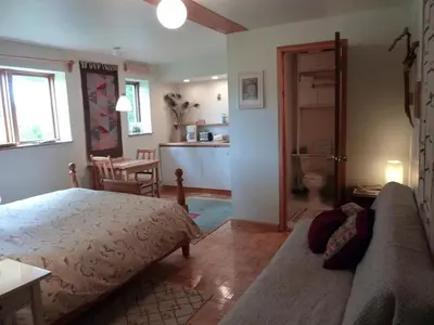 a bedroom with a bed and a couch and a kitchen at B&B Pinorama in Sutton