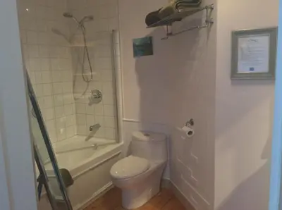 a bathroom with a toilet and a tub and a shower at Île de Garde B&B in Sherbrooke